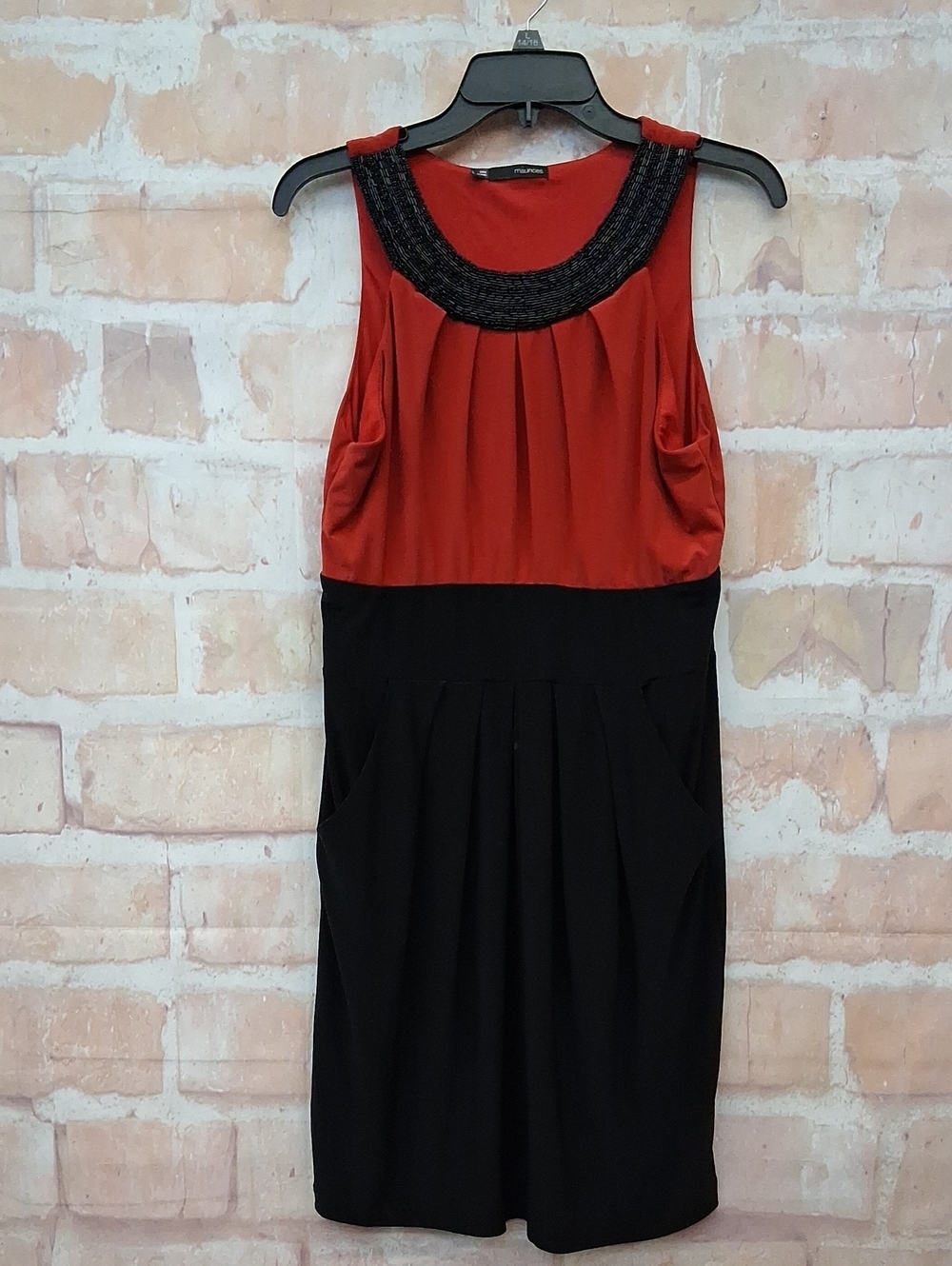 Maurices Red and Black Sleeveless Dress with Beaded Neckline